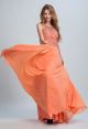 Halter Open Back Long Orange Chiffon Beaded Rhinestone Prom Dress