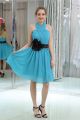 Halter Short Turquoise Chiffon Brdiesmaid Party Dress With Black Flower Sash