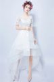 High Low Short Lace Sleeve Organza Ruffle Outdoor Beach Wedding Dress Corset Back