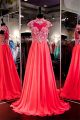 High Neck Cap Sleeve Long Red Chiffon Embroidery Prom Dress