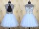 High Neck Cap Sleeve Open Back Short Mini Light Blue Tulle Beaded Tutu Prom Dress