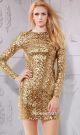 High Neck Full Back Mini Long Sleeve Gold Sequin Club Prom Dress