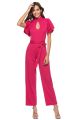 High Neck Ruffle Sleeve Hot Pink Cut Out Stretch Jumpsuit With Sash