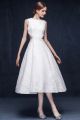 Informal High Neck Low Back Side Cut Out Tea Length Lace Garden Wedding Dress