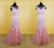 Mermaid Bateau Illusion Neckline V Back Pink Tulle White Lace Prom Dress