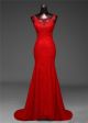 Mermaid Boat Neck Red Lace Beaded Prom Dress Corset Back