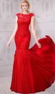 Mermaid Cap Sleeve Open Back Red Chiffon Lace Beaded Prom Dress