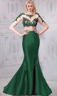 Mermaid Dark Green Satin Lace Sleeve Two Piece Evening Prom Dress