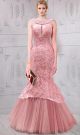 Mermaid Front Keyhole Dusty Pink Tulle Lace Prom Dress Pearl Beaded Back