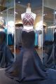 Mermaid Halter Cut Out Back Black Satin Colorful Beaded Prom Dress