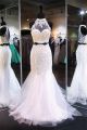 Mermaid Halter Keyhole Back White Tulle Lace Beaded Two Piece Prom Dress