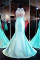 Mermaid Halter Open Back Aqua Satin Tulle Beaded Prom Dress