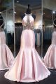 Mermaid Halter Pearl Pink Taffeta Beaded Prom Dress With Straps