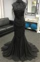 Mermaid High Neck Black Tulle Satin Beaded Occasion Prom Dress