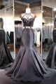 Mermaid High Neck Cap Sleeve Black Satin Tulle Beaded Prom Dress