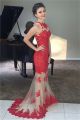 Mermaid High Neck Champagne Tulle Red Lace Prom Dress