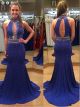 Mermaid High Neck Cut Out Keyhole Back Royal Blue Jersey Beaded Evening Prom Dress