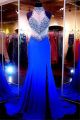 Mermaid High Neck Royal Blue Chiffon Tulle Beaded See Through Prom Dress