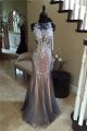 Mermaid Illusion Neckline Open Back Grey Tulle Lace Beaded Prom Dress