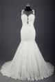 Mermaid Illusion Neckline See Through Back Lace Beaded Wedding Dress With Pearls