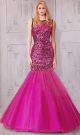 Mermaid Jewel Neckline Full Back Sleeveless Hot Pink Tulle Sequin Prom Dress