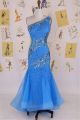 Mermaid One Shoulder Pool Blue Organza Applique Beaded Prom Dress