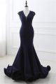 Mermaid Plunging Neckline Cap Sleeve Backless Navy Blue Evening Prom Dress