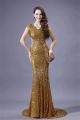 Mermaid Scoop Neck Cap Sleeve Sheer Back Gold Sequin Evening Prom Dress