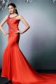 Mermaid Scoop Neck Red Silk Beaded Evening Prom Dress With Train