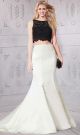 Mermaid Sleeveless Black Lace White Satin Two Piece Evening Prom Dress