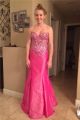 Mermaid Strapless Sweetheart Hot Pink Taffeta Beaded Prom Dress