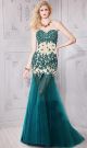 Mermaid Strapless Teal Tulle Lace Evening Prom Dress See Through Skirt