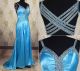 Mermaid Sweetheart Long Blue Charmeuse Beaded Prom Dress With Straps