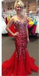 Mermaid Sweetheart Red Tulle Sequined Rhinestone Prom Dress