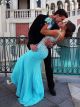 Mermaid V Neck See Through Tulle Blue Chiffon Beaded Prom Dress