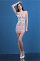 Mini Deep V Neck Sheer See Through Tulle Light Pink Lace Beaded Night Out Club Party Dress