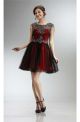 Modern Cap Sleeve Open Back Short Red Satin Black Tulle Prom Dress