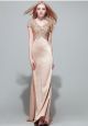 Modest Mermaid V Neck Empire Waist Champagne Satin Lace Beaded Evening Dress With Sleeves