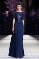 Modest Sheath Bateau Neck Long Navy Blue Chiffon Sequined Evening Dress With Sleeves