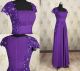 Modest Sheath Square Neck Cap Sleeve Long Purple Chiffon Lace Beaded Evening Dress