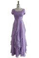Modest Sheath Square Neck Long Lilac Chiffon Ruffle Prom Dress With Sleeves