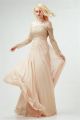 Off The Shoulder Long Sleeve Champagne Chiffon Flowing Prom Dress With Beading