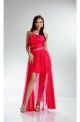 One Shoulder High Low Hot Pink Chiffon Beaded Prom Dress
