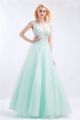 Princess A Line Open Back Cap Sleeve Mint Green Tulle Beaded Prom Dress