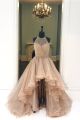 Puffy Halter High Low Light Brown Tulle Layered Prom Dress