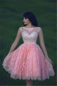 Romantic Ball Bateau Neckline Open Back Short Pink Lace Beaded Prom Dress