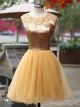 Round Neck Open Back Gold Tulle Sequin Short Prom Dress