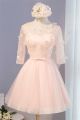 Scoop Neck Open Back Short Blush Pink Tulle Petal Prom Dress With Sleeves