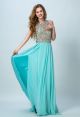 Sexy A Line High Neck Backless Long Aqua Chiffon Beaded Prom Dress With Slit