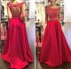 Sexy A Line Off The Shoulder Two Piece Red Taffeta Beaded Prom Dress Open Back